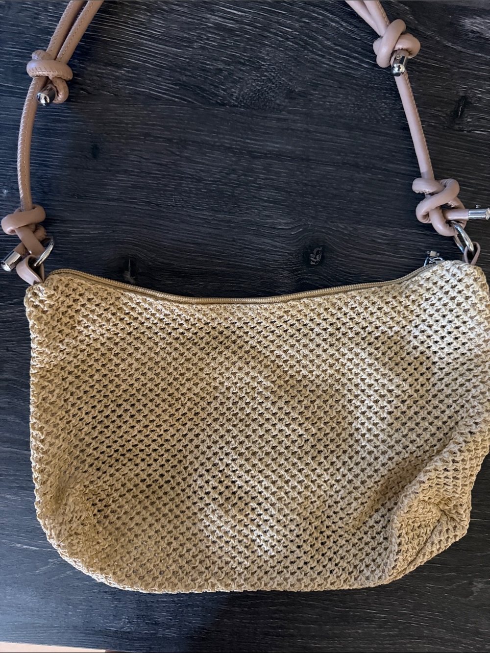 Woven Straw Shoulder Bag with Blush Leather Strap